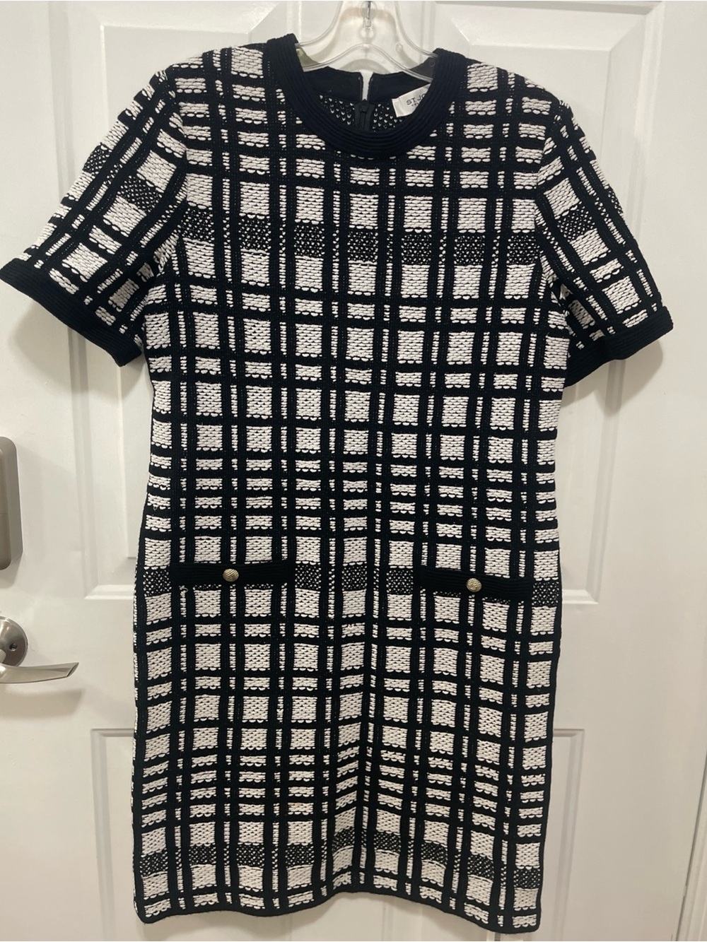 St. John Collection Black & White Plaid tweed pattern Sz 10 Wool Short Sleeves